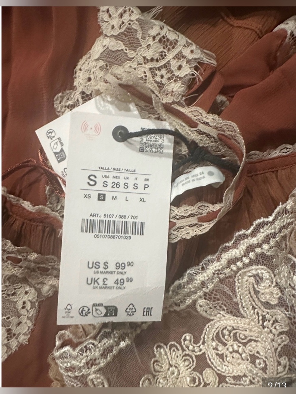 NWT Zara Lace Strap Midi Maxi Dress with Cream Lace Brick Small 5107/088 - Picture 6 of 9